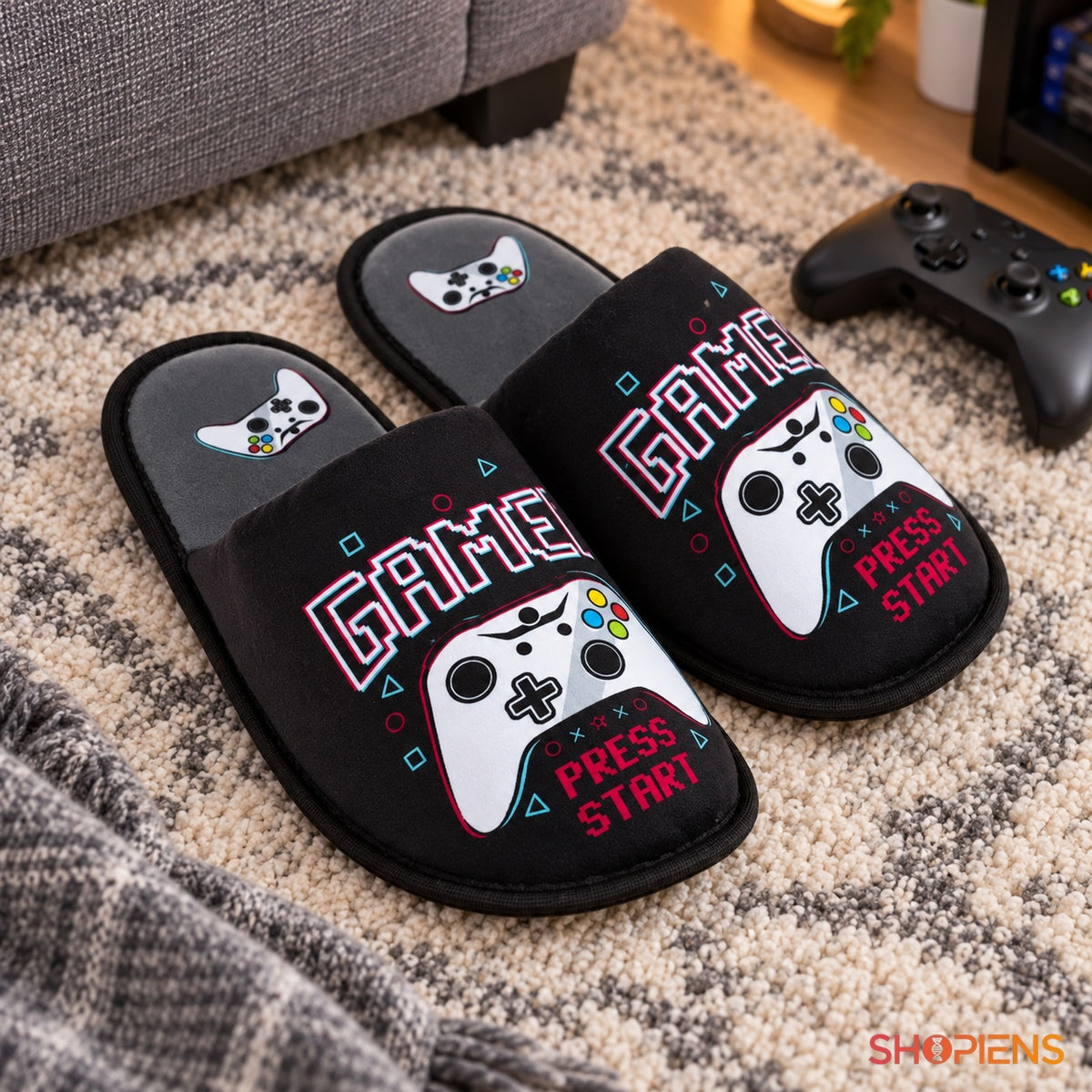 Papuci negri cu imprimeu gamer — în decor de casă, mărimea 43-44