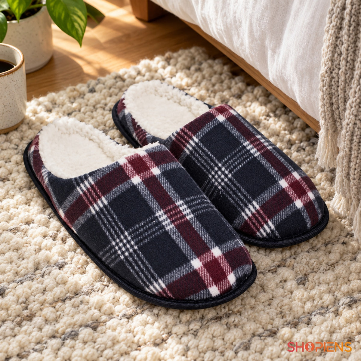 Papuci albaștri în carouri cu interior alb — în decor de casă, mărimea 45-46
