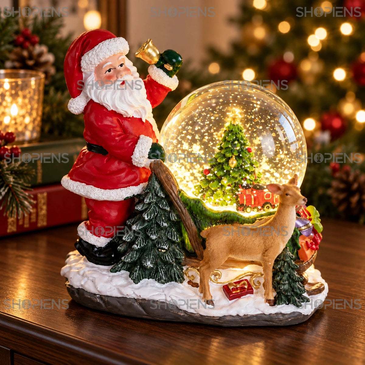 Moș Crăciun cu clopoțel și glob muzical LED, 18 cm în decor festiv de seară | Shopiens®