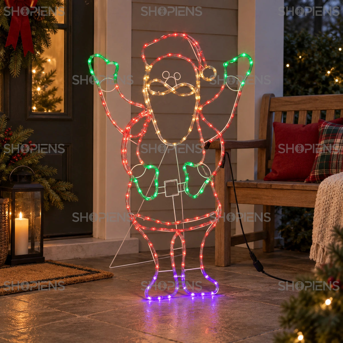 Moș Crăciun din furtun luminos, 66 × 94 cm, pe o verandă cu bancă | Shopiens®