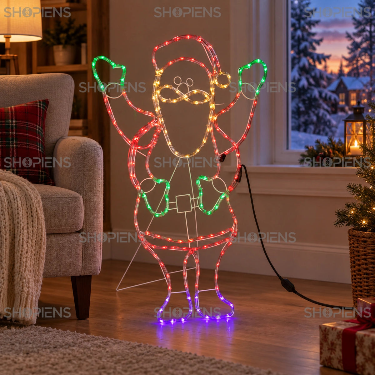 Moș Crăciun LED multicolor de 94 cm într-un living cu fotoliu | Shopiens®
