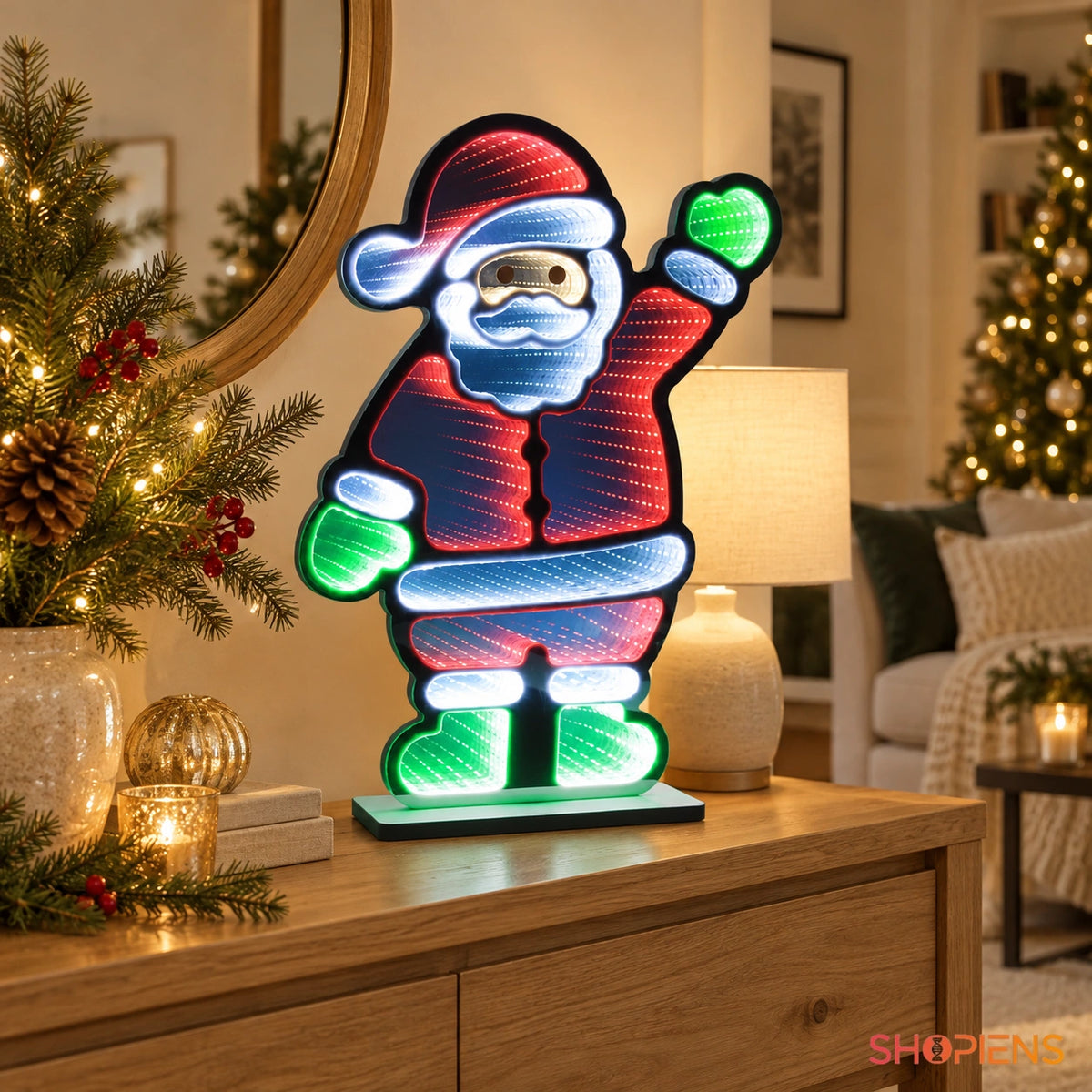 Moș Crăciun cu efect de oglindă infinită, 59 cm, pe o consolă în decor de Crăciun | Shopiens®