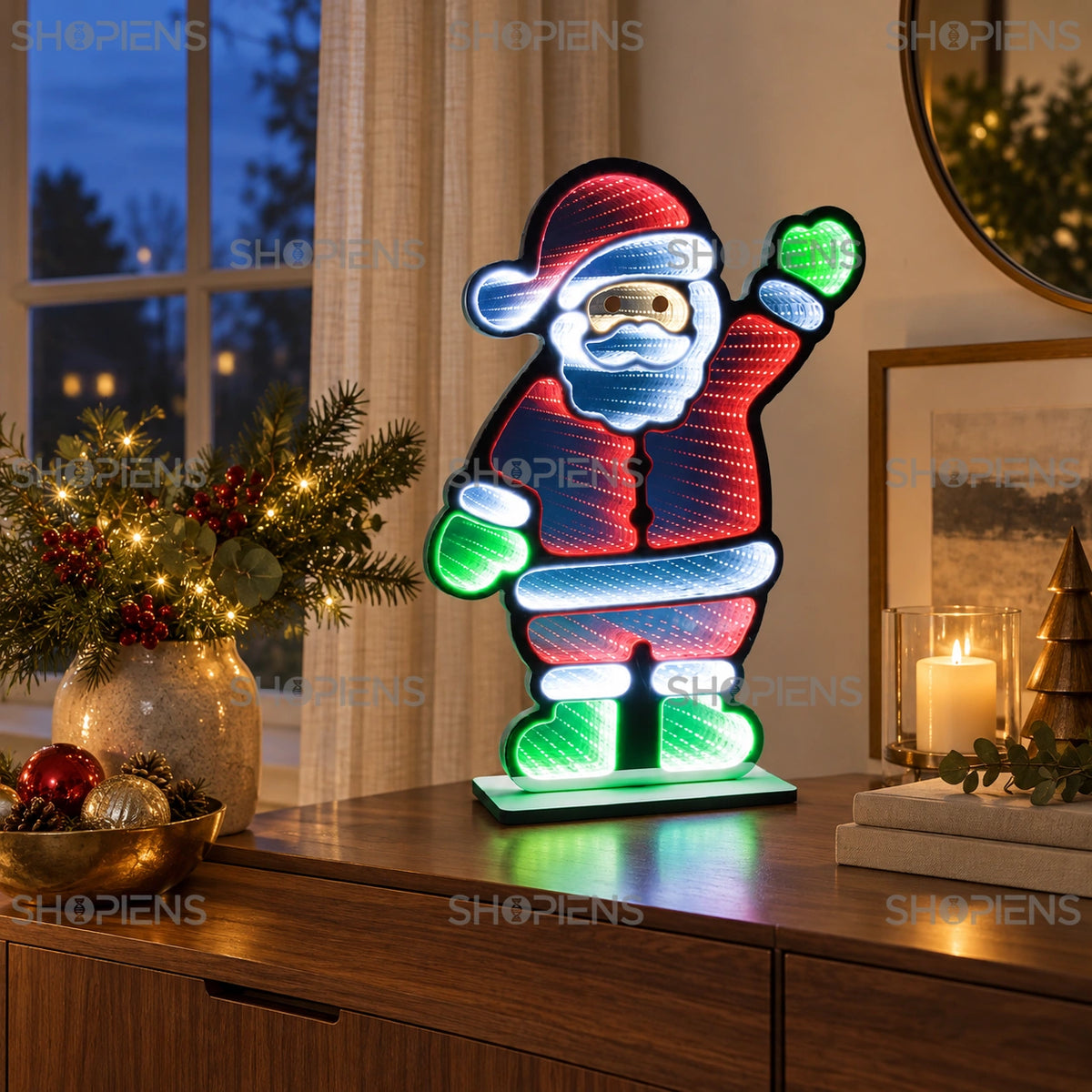 Moș Crăciun cu efect de oglindă infinită, 59 cm, lângă fereastră în decor festiv | Shopiens®