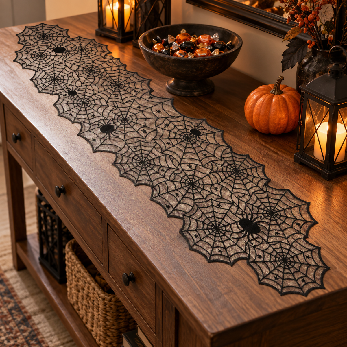 Napron Din Dantela Neagra Cu Paianjeni, 183 X 45 Cm - in folosinta 2 - Shopiens