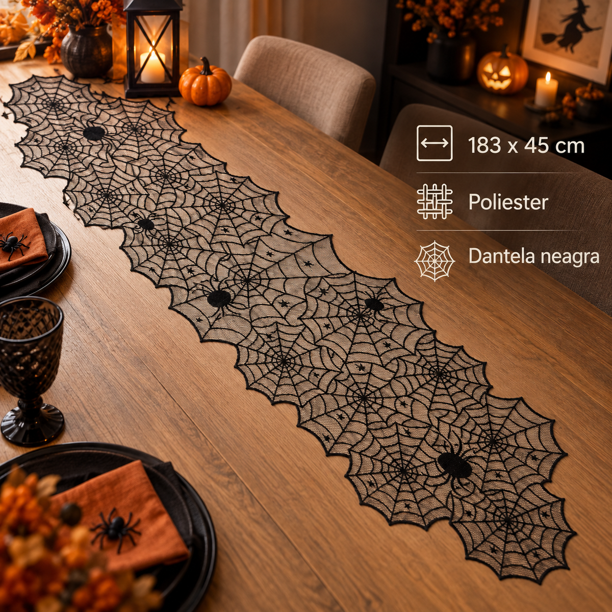 Napron Din Dantela Neagra Cu Paianjeni, 183 X 45 Cm - specificatii - Shopiens