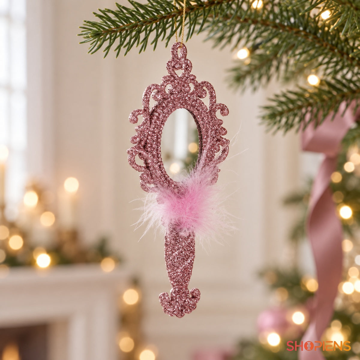 Oglindă decorativă roz cu pene și glitter în brad – Shopiens