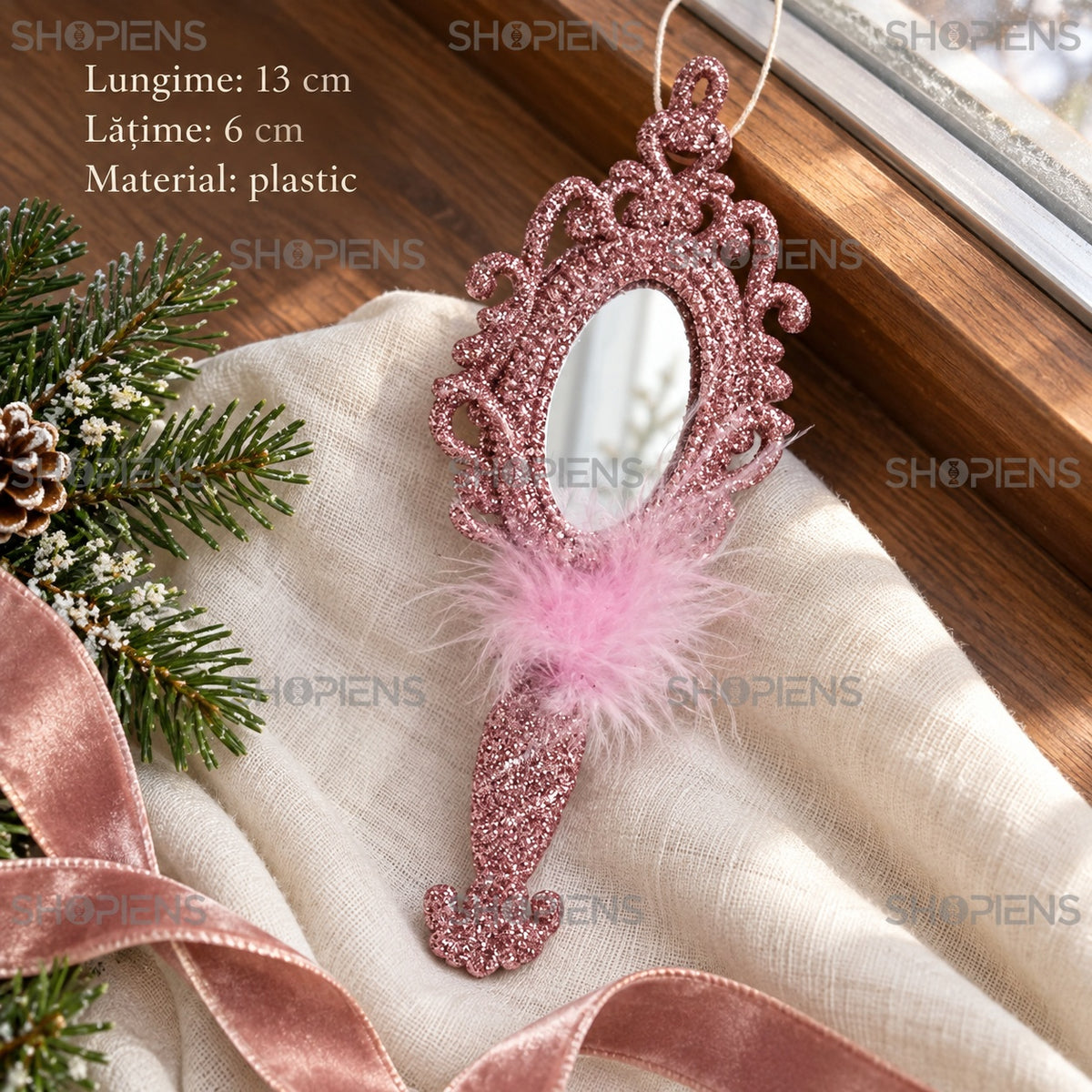 Oglindă roz pentru brad, 13 × 6 cm – specificații – Shopiens