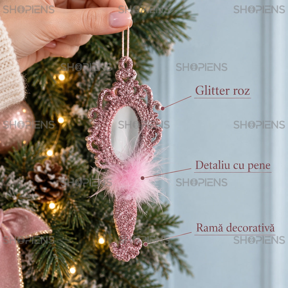 Ornament oglindă roz – glitter, ramă decorativă și pene – Shopiens