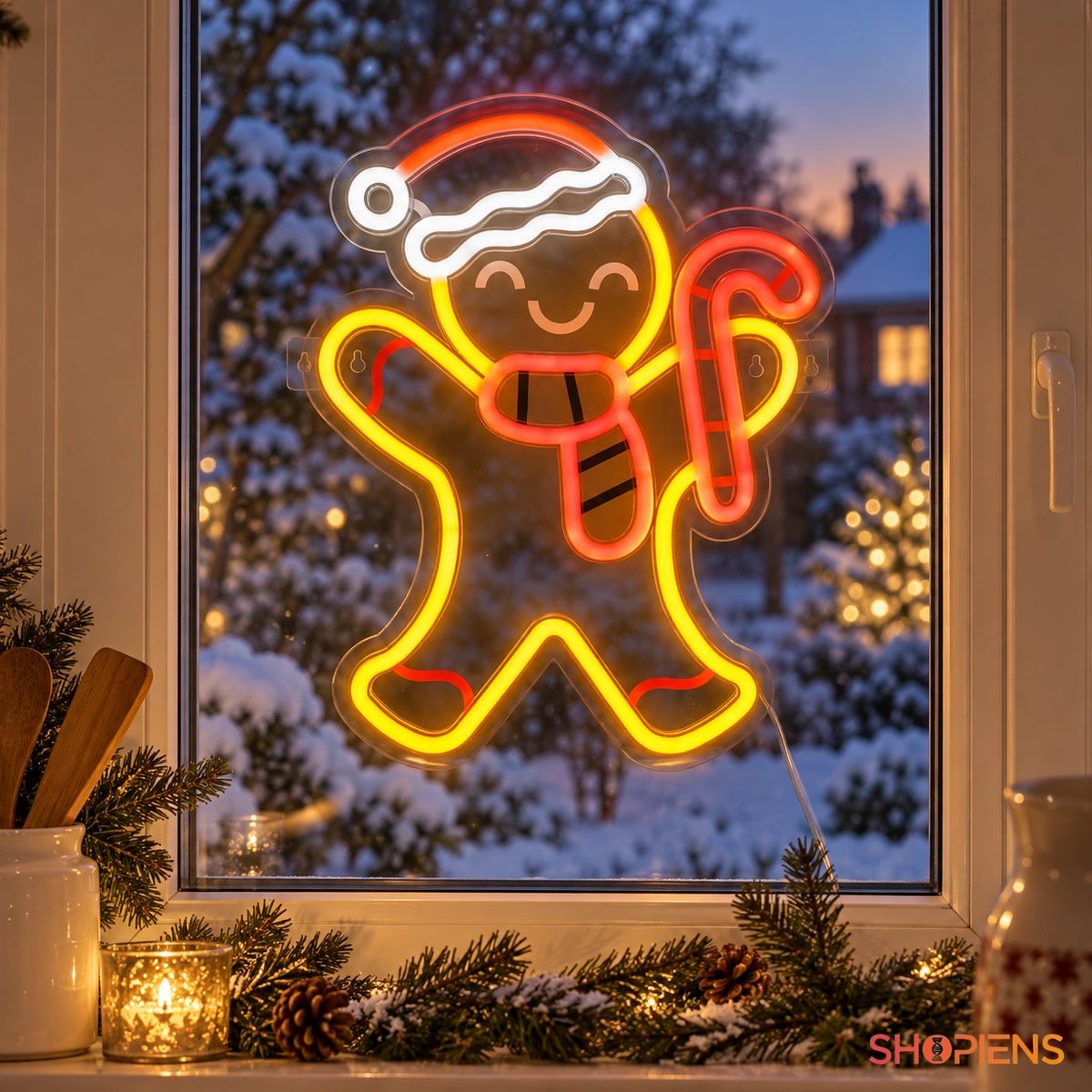 Om de turtă dulce luminos cu neon LED, 40 cm, montat pe geamul bucătăriei în decor de Crăciun | Shopiens®