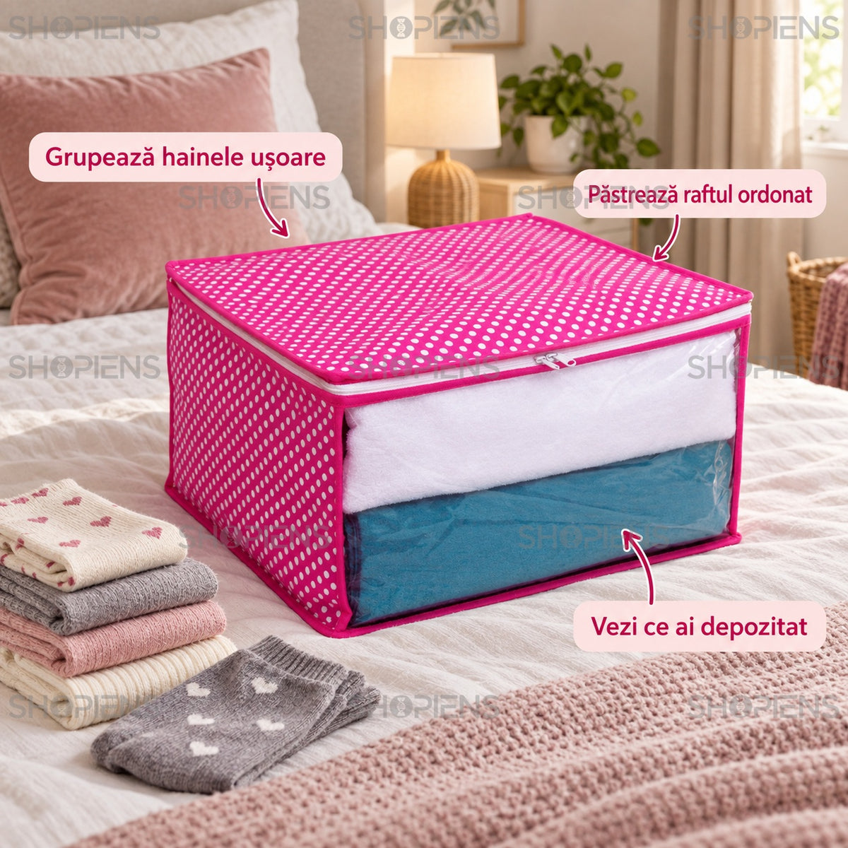 Organizator roz cu fereastră și buline, 35 cm