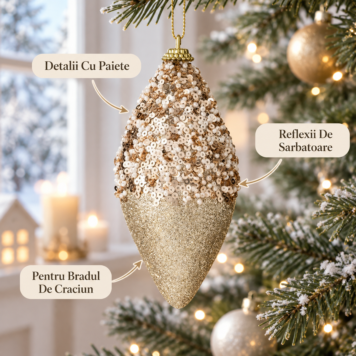 Ornament Conic Bej Cu Paiete Pentru Brad 13 Cm - avantaje - Shopiens