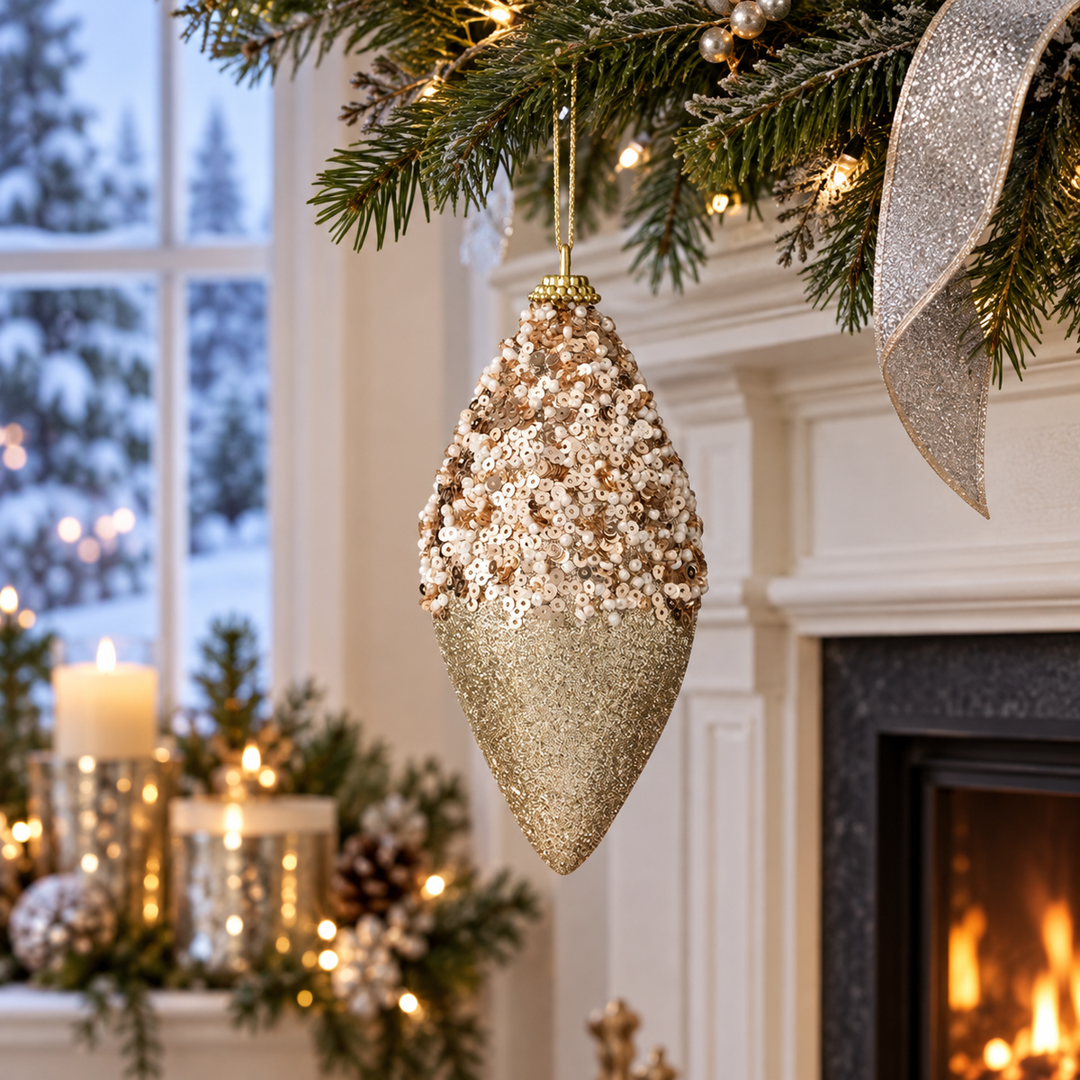 Ornament Conic Bej Cu Paiete Pentru Brad 13 Cm - in folosinta 1 - Shopiens