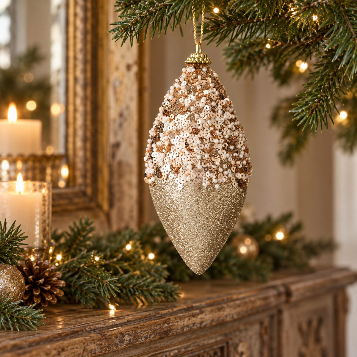 Ornament Conic Bej Cu Paiete Pentru Brad 13 Cm - lifestyle principala - Shopiens