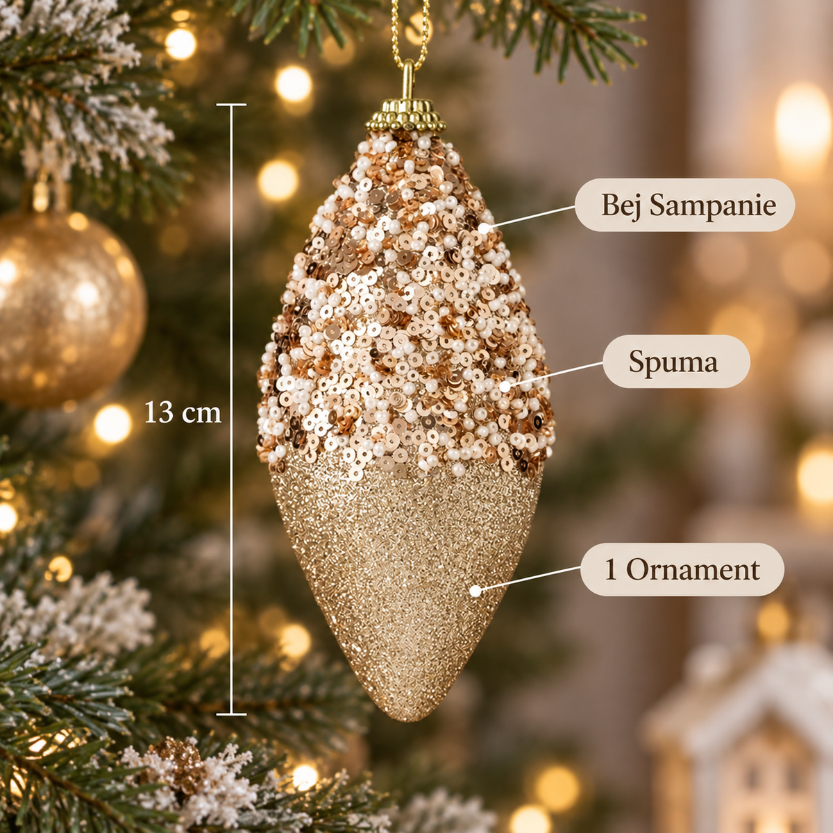 Ornament Conic Bej Cu Paiete Pentru Brad 13 Cm - specificatii - Shopiens