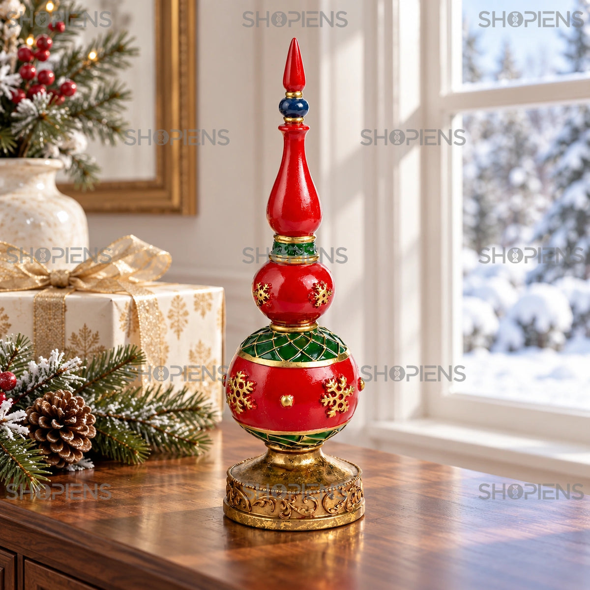 Ornament vintage cu globuri roșii pe bază aurie, 28 cm pe o consolă lângă fereastră, într-un decor de iarnă | Shopiens®