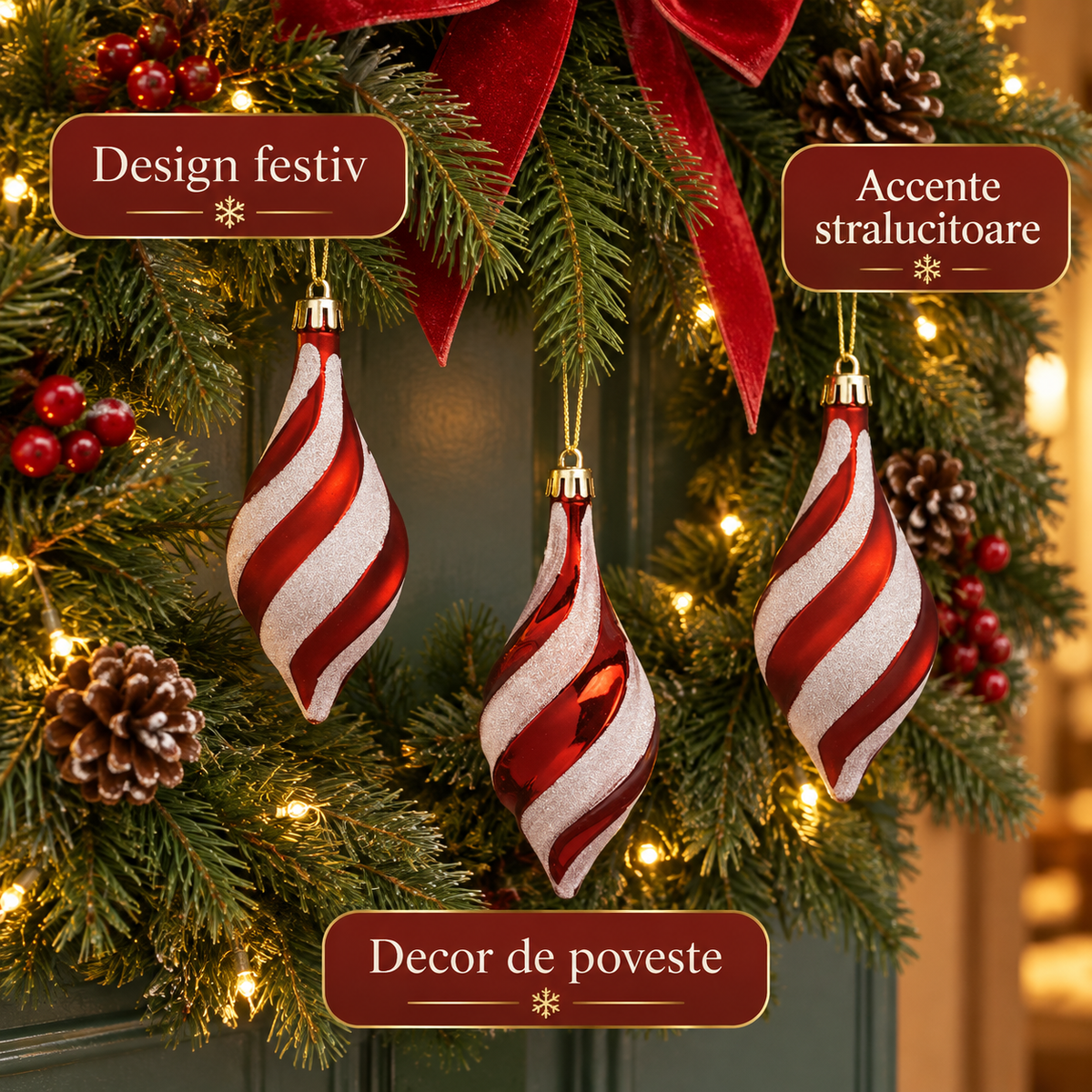 Ornamente Vintage Rosii Cu Glitter, Set 3, 14 Cm - avantaje - Shopiens