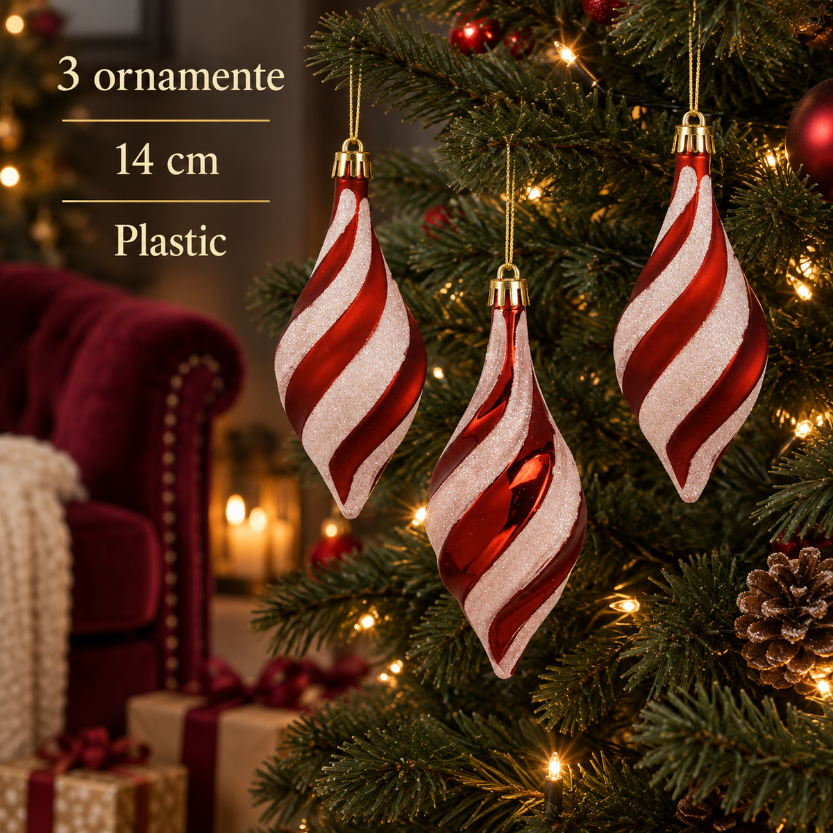 Ornamente Vintage Rosii Cu Glitter, Set 3, 14 Cm - specificatii - Shopiens