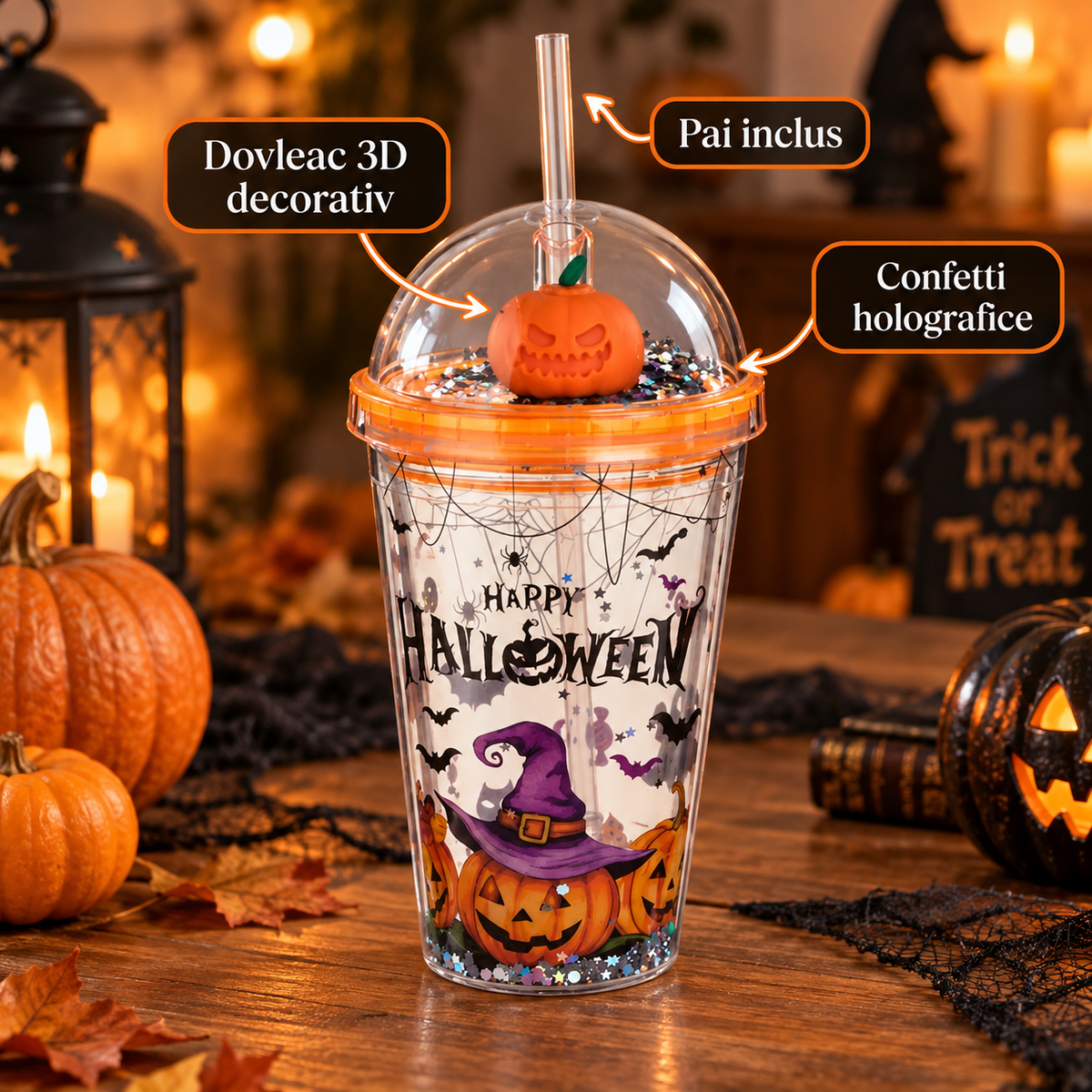 Pahar Cu Dovleac 3D Si Confetti Halloween, 450 Ml - avantaje - Shopiens