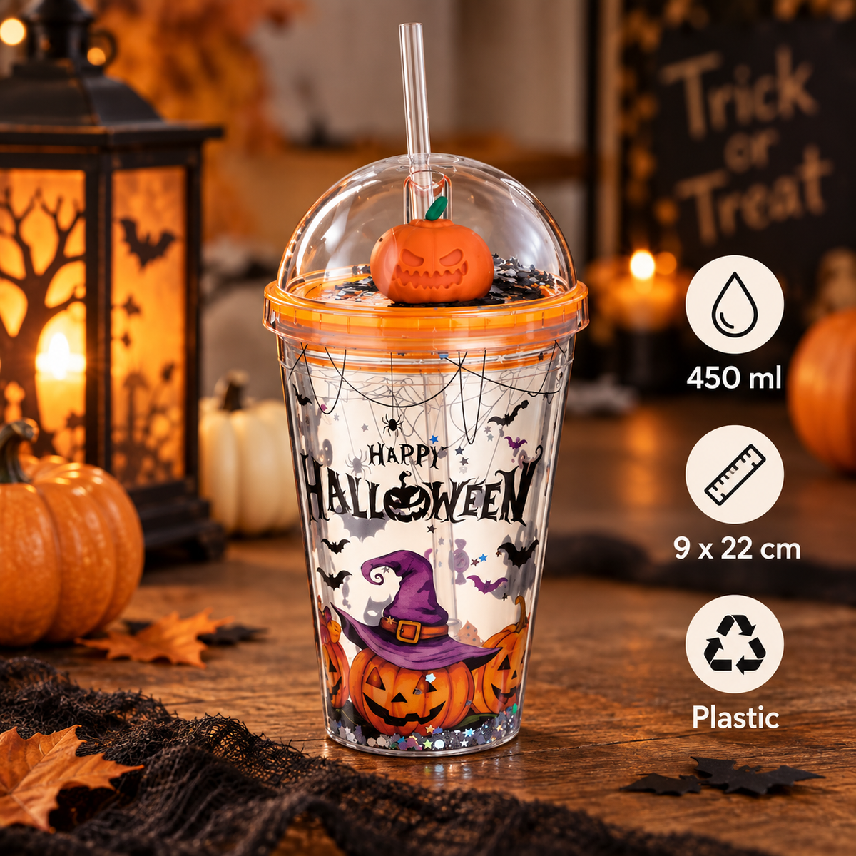 Pahar Cu Dovleac 3D Si Confetti Halloween, 450 Ml - specificatii - Shopiens