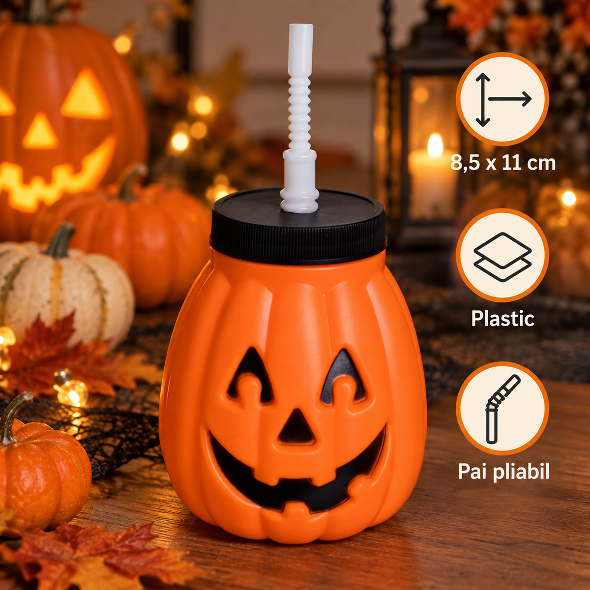 Pahar Dovleac Cu Capac Negru Si Pai Pliabil - specificatii - Shopiens