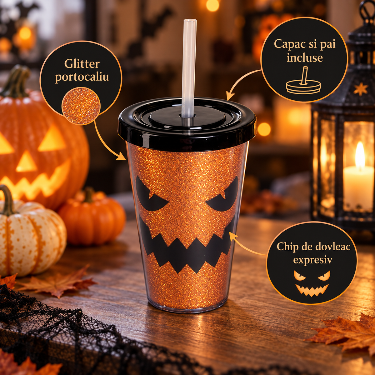 Pahar Halloween Cu Glitter Portocaliu Si Pai, 350 Ml - avantaje - Shopiens