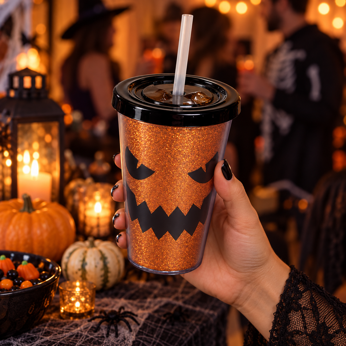 Pahar Halloween Cu Glitter Portocaliu Si Pai, 350 Ml - in folosinta 1 - Shopiens