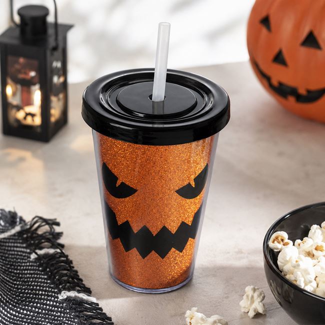 Pahar Halloween Cu Glitter Portocaliu Si Pai, 350 Ml - lifestyle principala - Shopiens