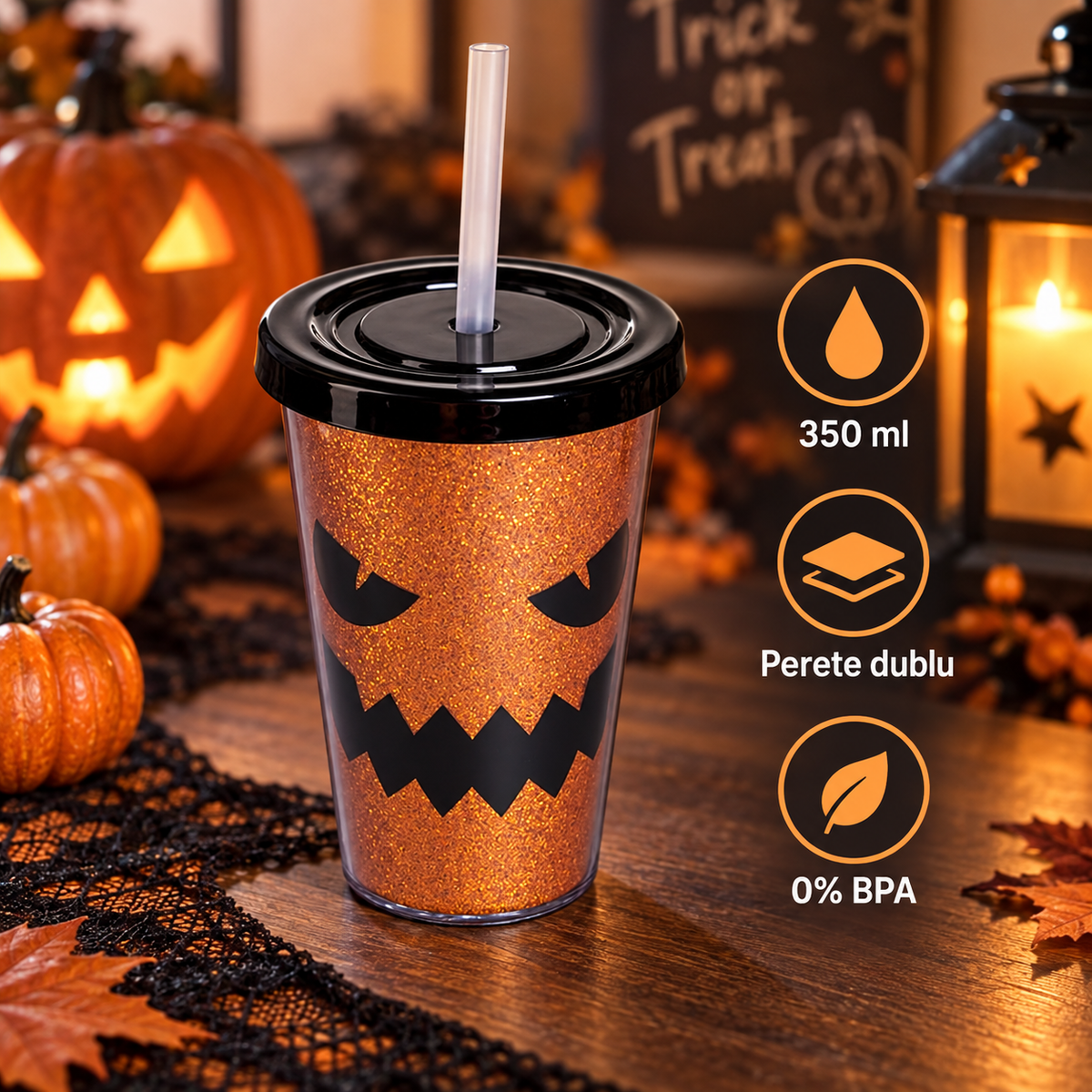 Pahar Halloween Cu Glitter Portocaliu Si Pai, 350 Ml - specificatii - Shopiens