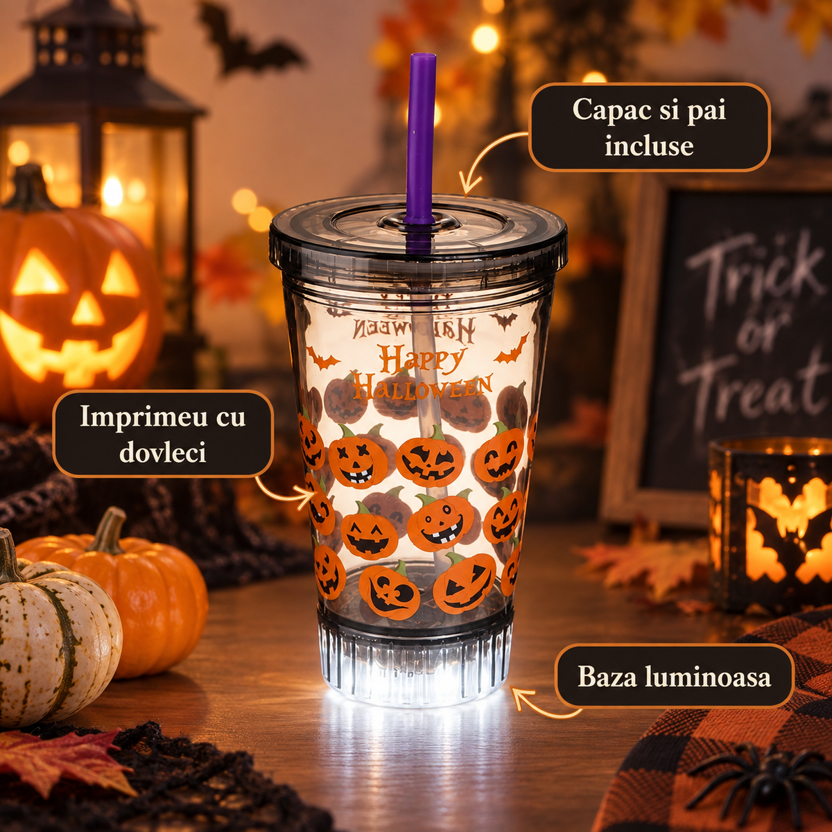 Pahar Smoky Cu LED, Capac Si Pai, Halloween, 530 Ml - avantaje - Shopiens