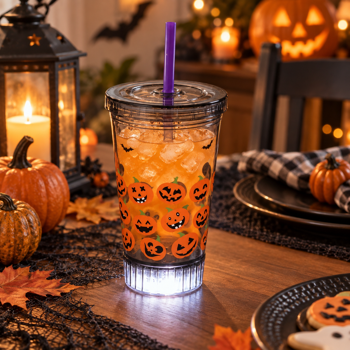 Pahar Smoky Cu LED, Capac Si Pai, Halloween, 530 Ml - in folosinta 2 - Shopiens