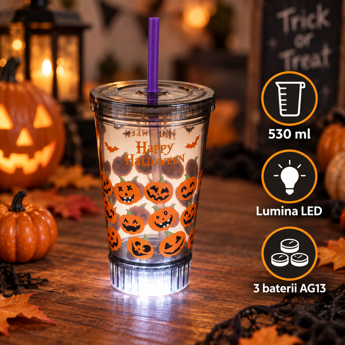Pahar Smoky Cu LED, Capac Si Pai, Halloween, 530 Ml - specificatii - Shopiens