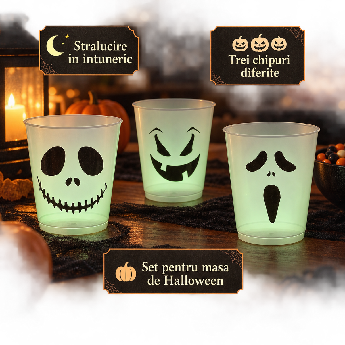 Pahare Fosforescente Cu Chipuri Halloween, Set De 3 - avantaje - Shopiens