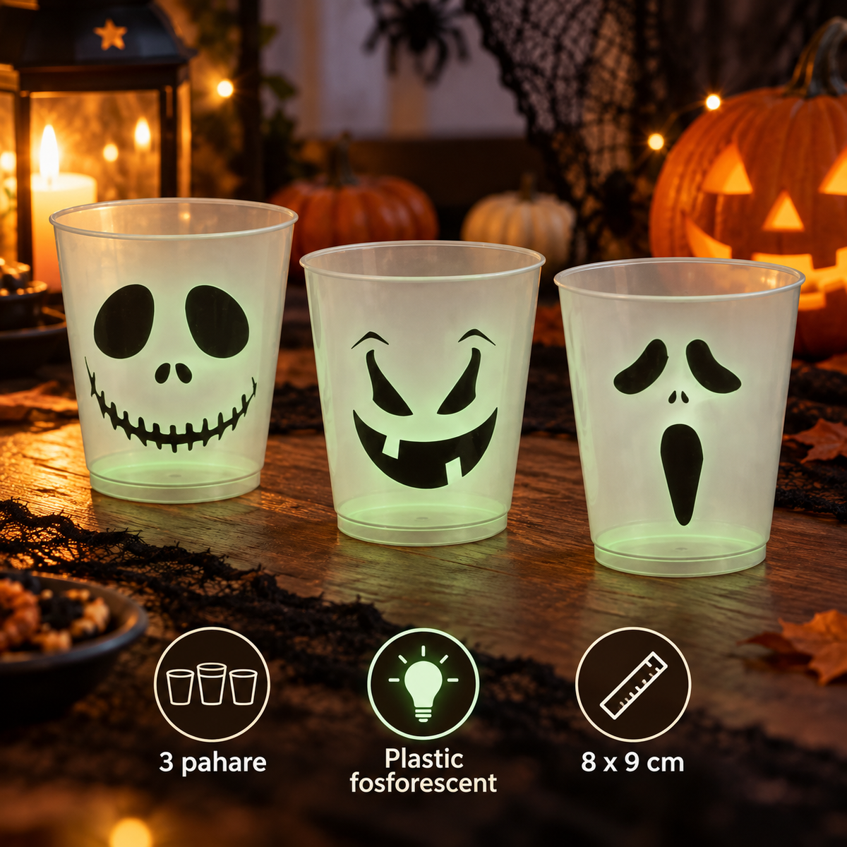 Pahare Fosforescente Cu Chipuri Halloween, Set De 3 - specificatii - Shopiens