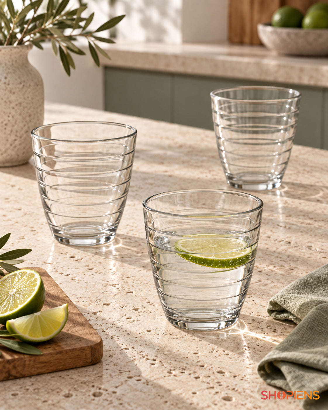 3 pahare scurte cu inele reliefate, 255 ml