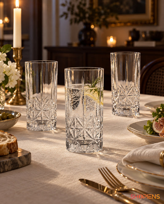 Set de 3 pahare cu bază decorativă, 350 ml