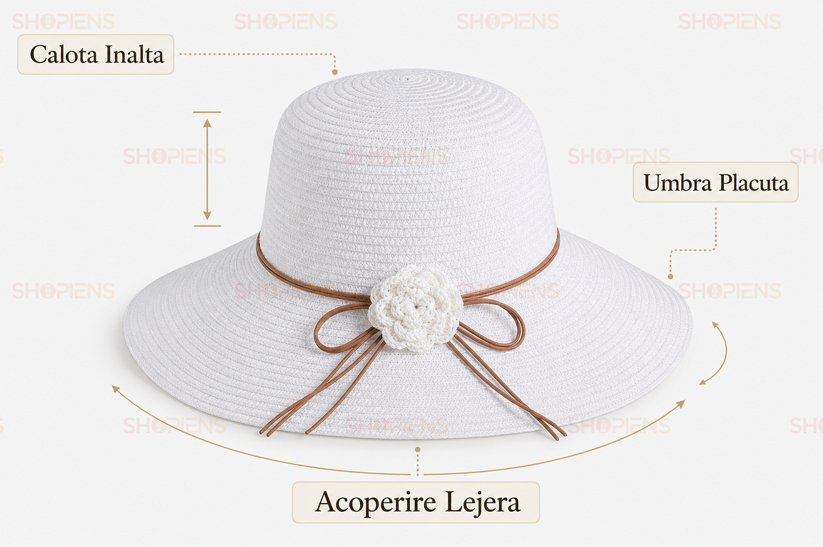 Palarie Alba Din Paie Cu Floare Decorativa Si Panglica Maro