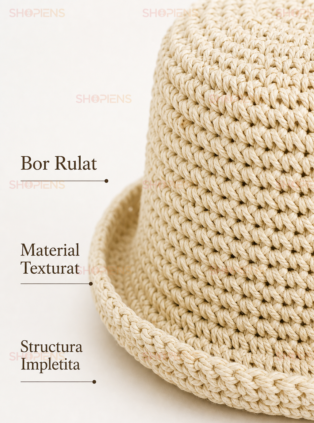 Palarie Bucket Ecru Din Paie Cu Textura Impletita