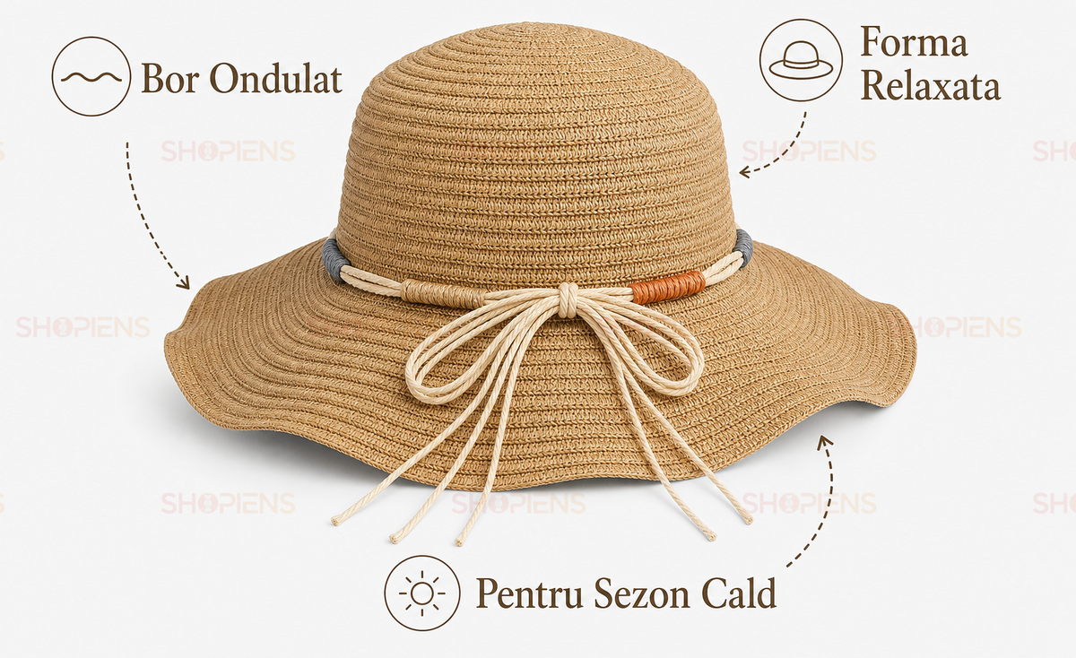 Palarie Din Paie Bej Tan Cu Snur Rasucit Si Funda Laterala