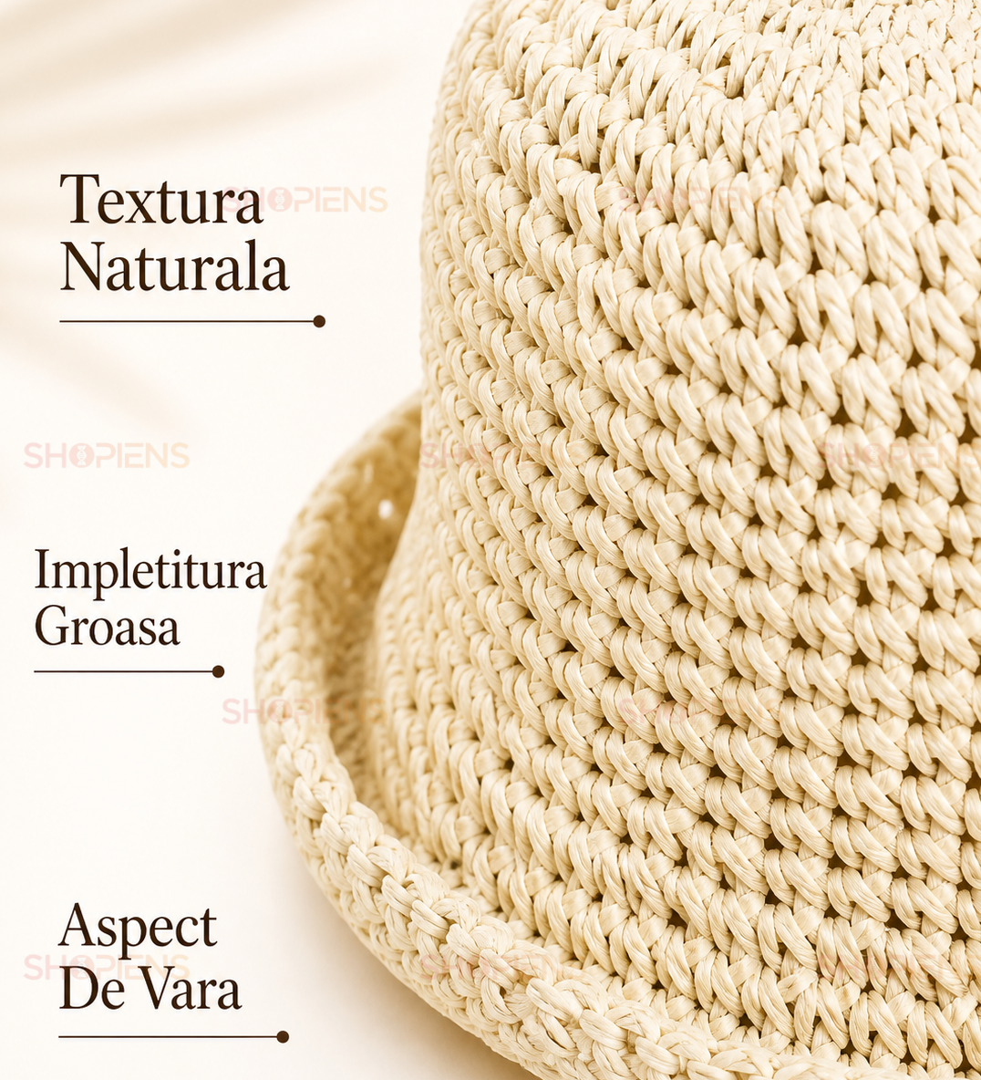 Palarie Bucket Ecru Din Paie Cu Textura Impletita
