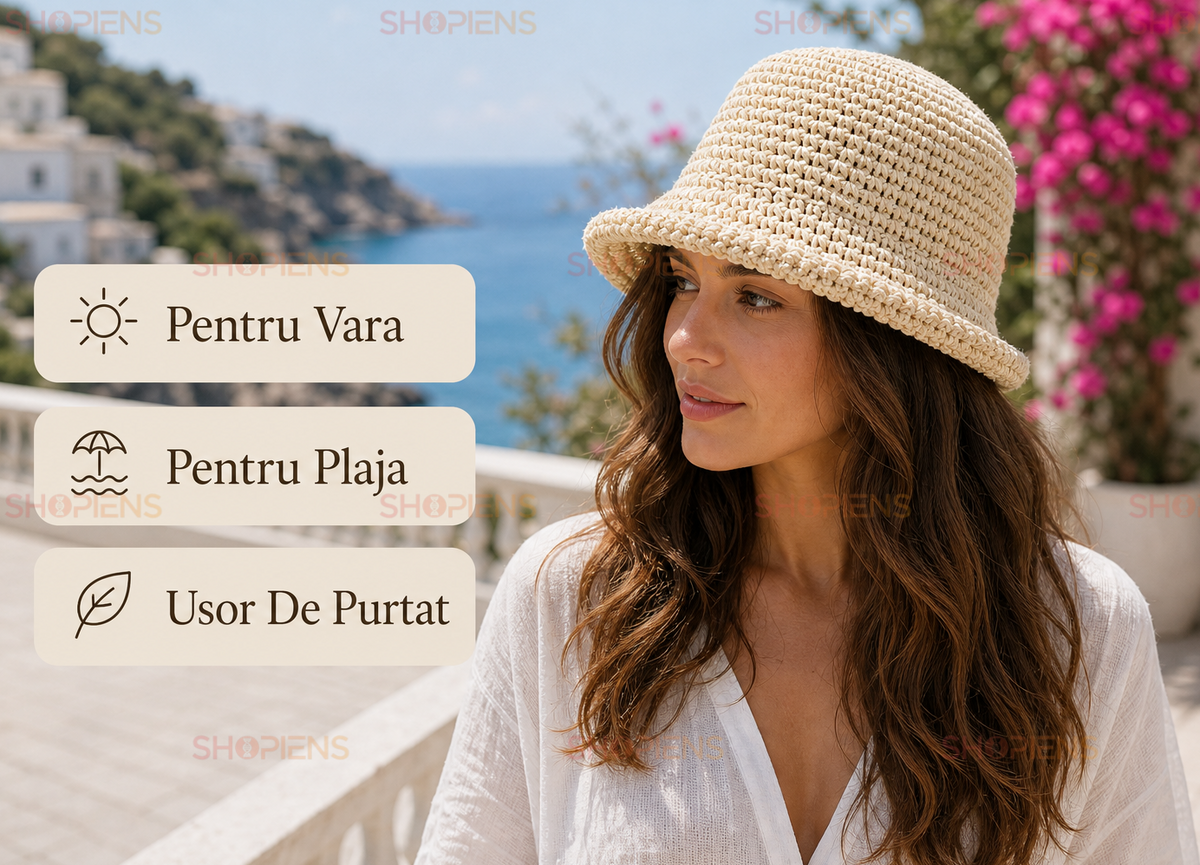 Palarie Bucket Ecru Din Paie Cu Textura Impletita