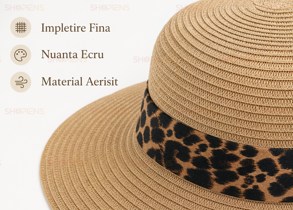 Palarie Din Paie Tan Cu Panglica Animal Print Si Funda La Spate