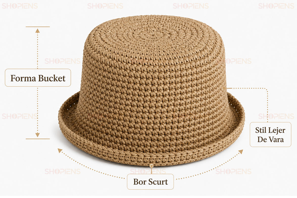 Palarie Bucket Bej Din Paie Cu Forma Rotunjita Si Textura Naturala