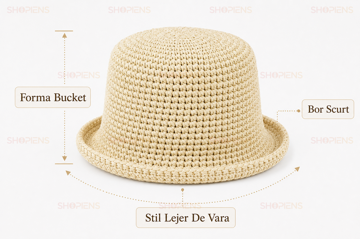 Palarie Bucket Ecru Din Paie Cu Textura Impletita