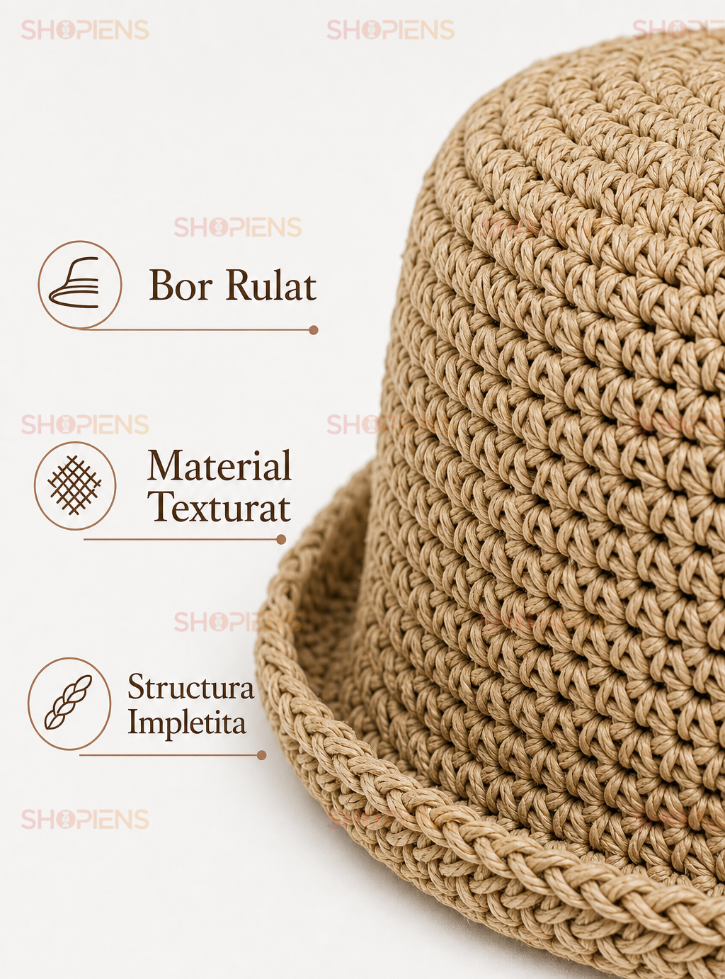 Palarie Bucket Bej Din Paie Cu Forma Rotunjita Si Textura Naturala