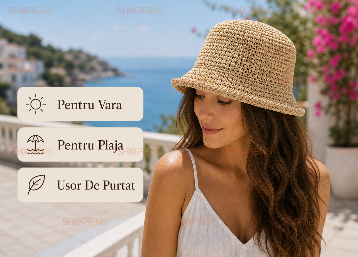 Palarie Bucket Bej Din Paie Cu Forma Rotunjita Si Textura Naturala