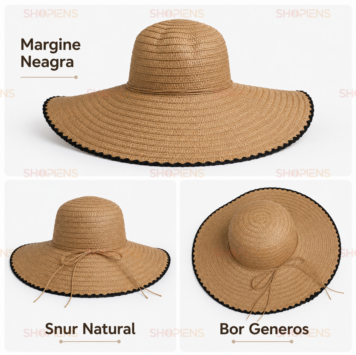 Palarie Maro Din Paie Cu Bor Lat Si Margine Brodata Neagra