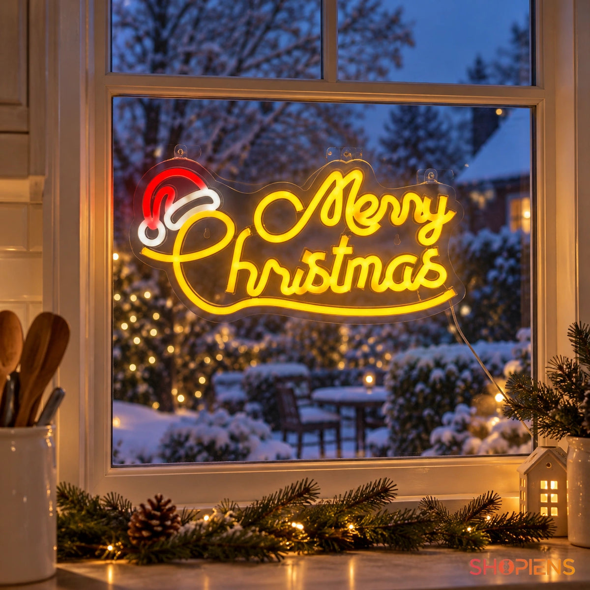 Panou neon cu mesaj Merry Christmas, 42,7 cm, montat pe geamul bucătăriei în decor de Crăciun | Shopiens®