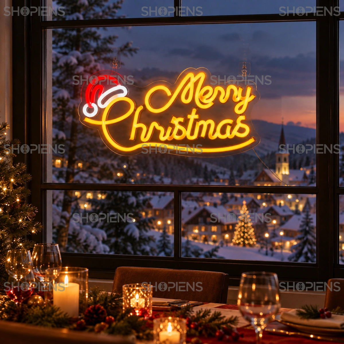 Panou neon cu mesaj Merry Christmas, 42,7 cm, montat pe geamul sufrageriei la lăsarea serii | Shopiens®