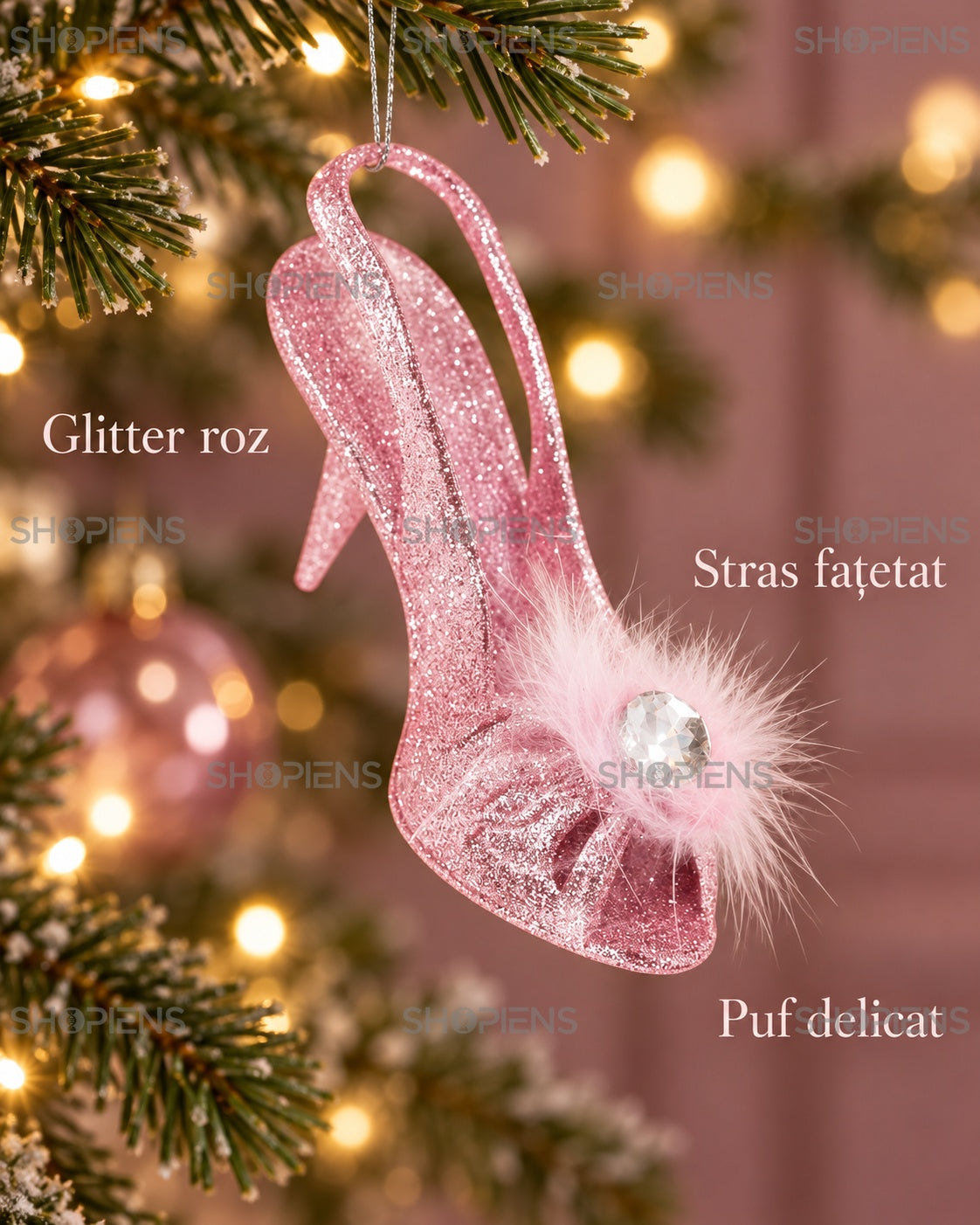 Detalii pantof pentru brad: glitter roz, stras și puf – Shopiens