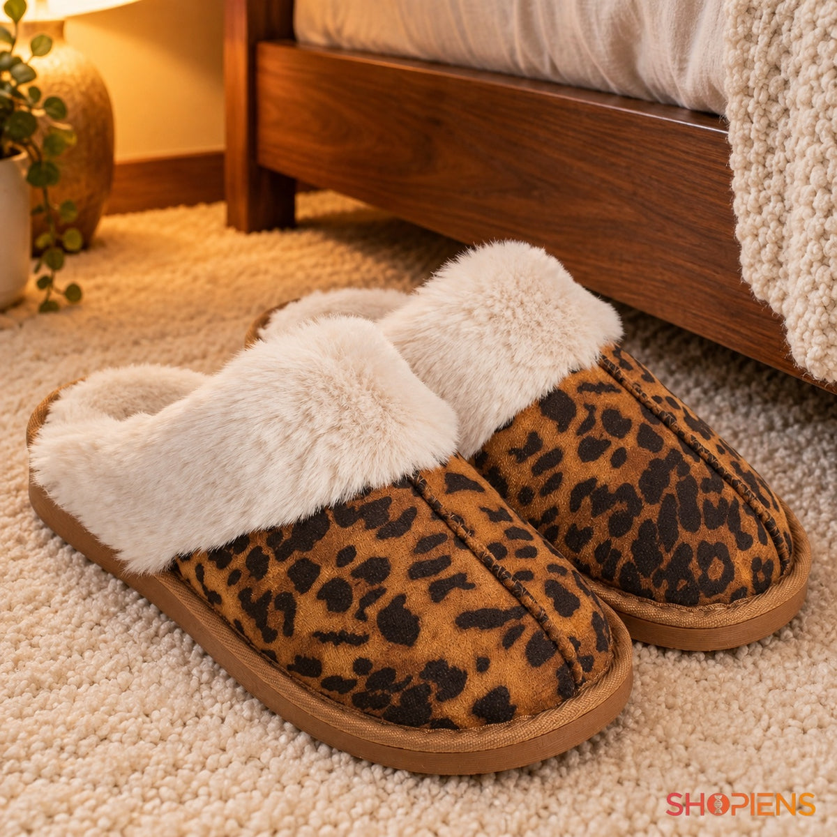 Papuci animal print cu bordură pufoasă — în decor de casă, mărimea 37-38
